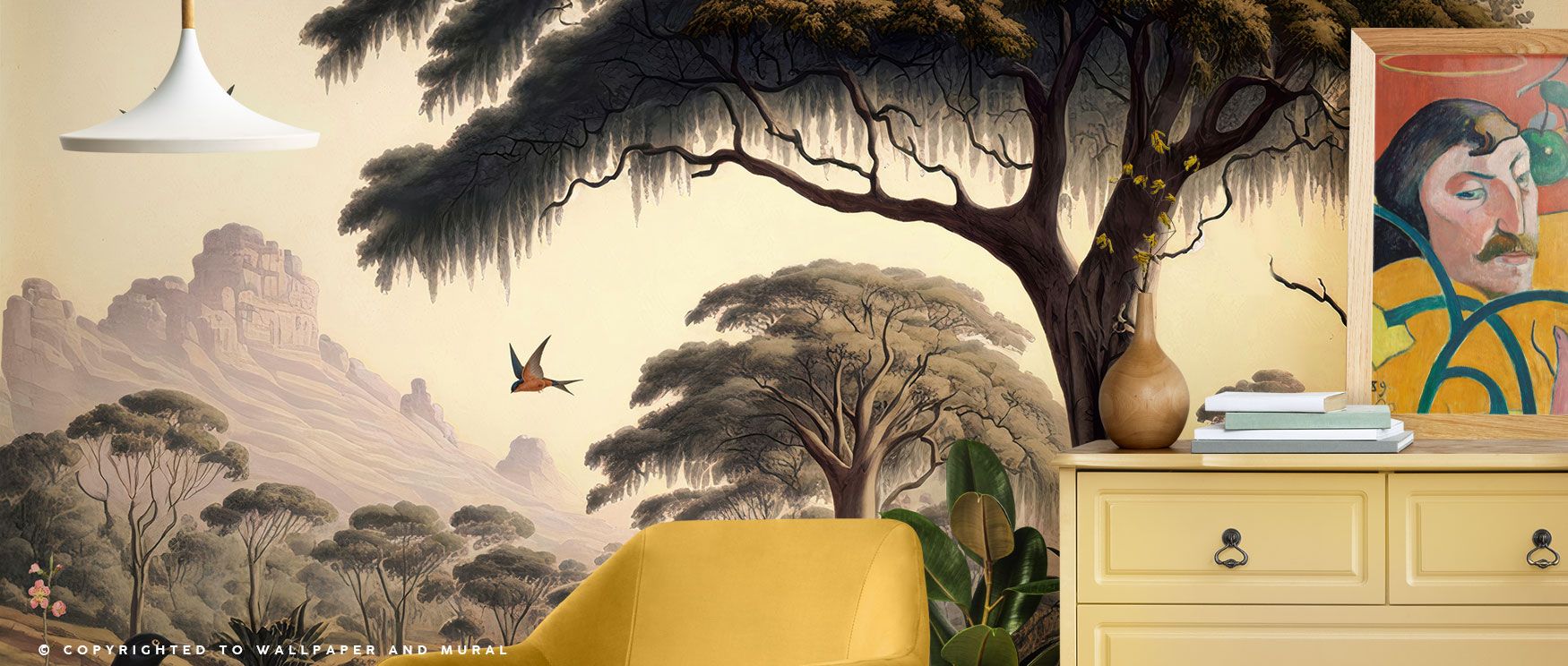 Birds in flight and lush tropical trees form this wallpaper’s design, adding immersive jungle vitality and serenity to interiors. 