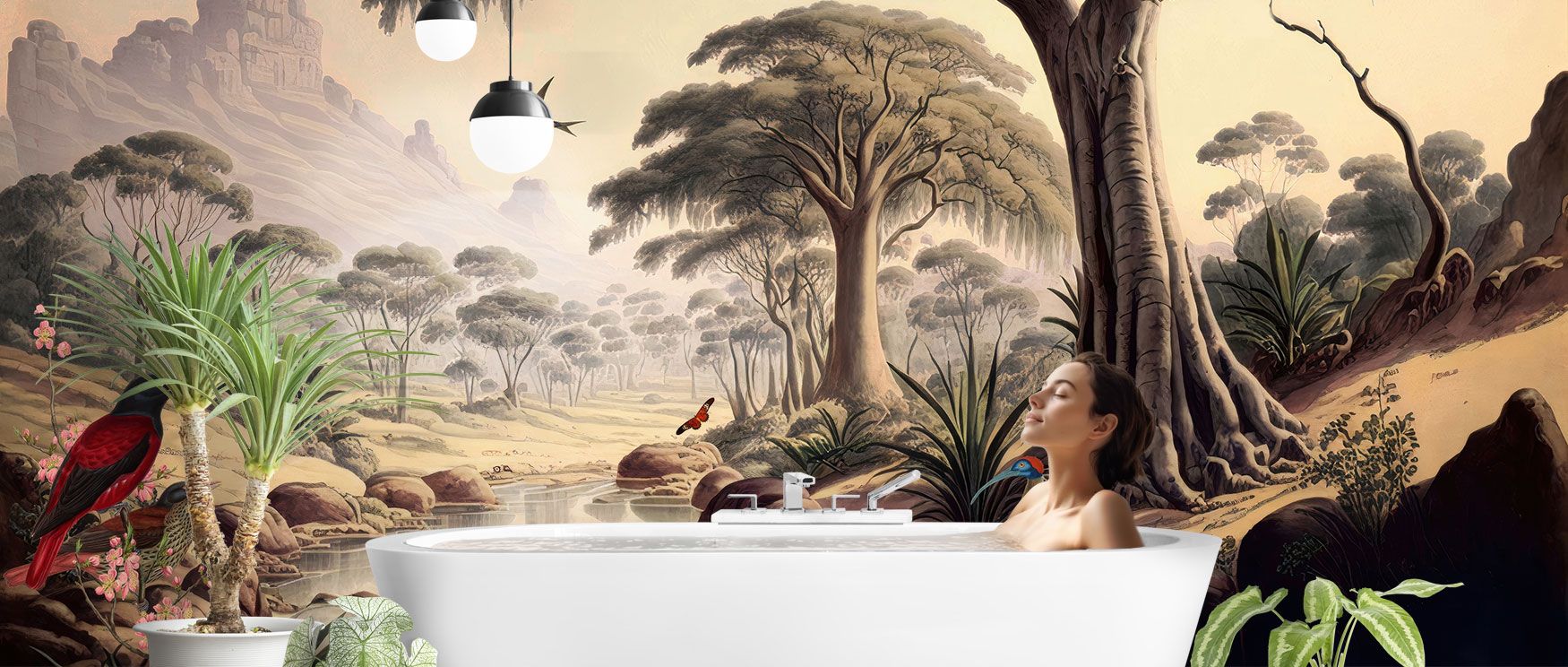 The wallpaper captures rainforest depth with layered trees and bird motifs, bringing calm yet lively presence into bedrooms or studies. 