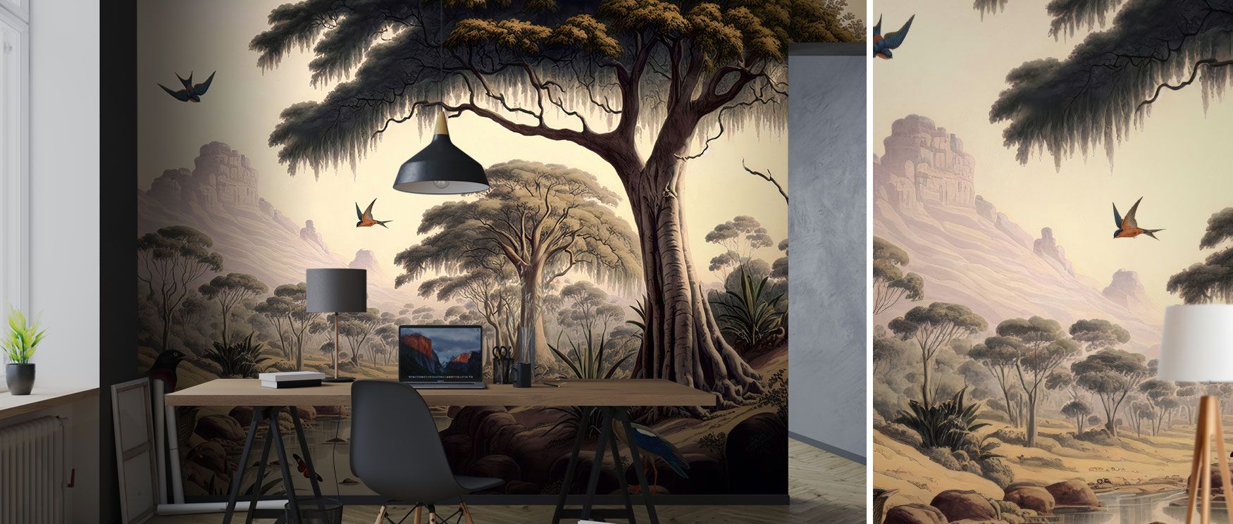 This design reflects the mystery of dense tropical valleys with vibrant bird and tree patterns, ideal for cozy and stylish interiors. 