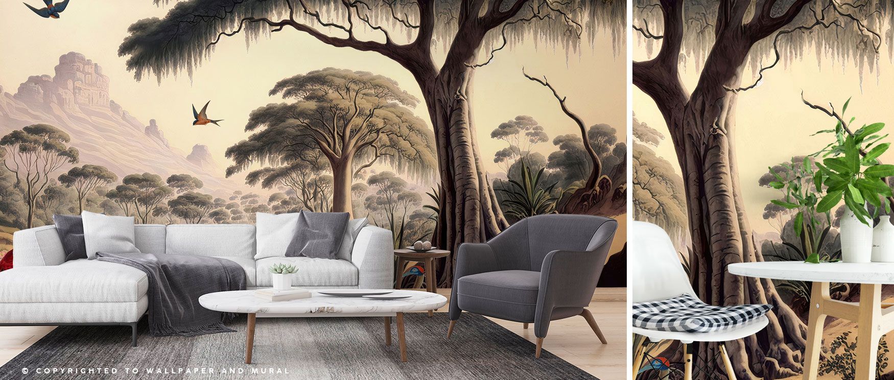 Ancient Valley Nature Wallpaper depicts dense rainforest greenery interspersed with birds and trees, creating a lively, tranquil design for interiors. 