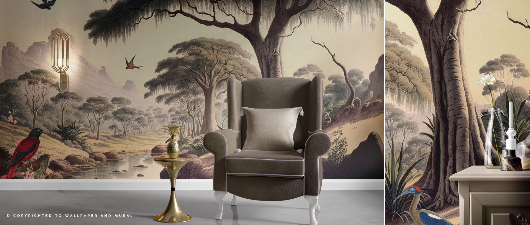 A wallpaper filled with dense tropical greenery and bird details, offering rainforest-inspired vibrancy perfect for stylish home environments. 
