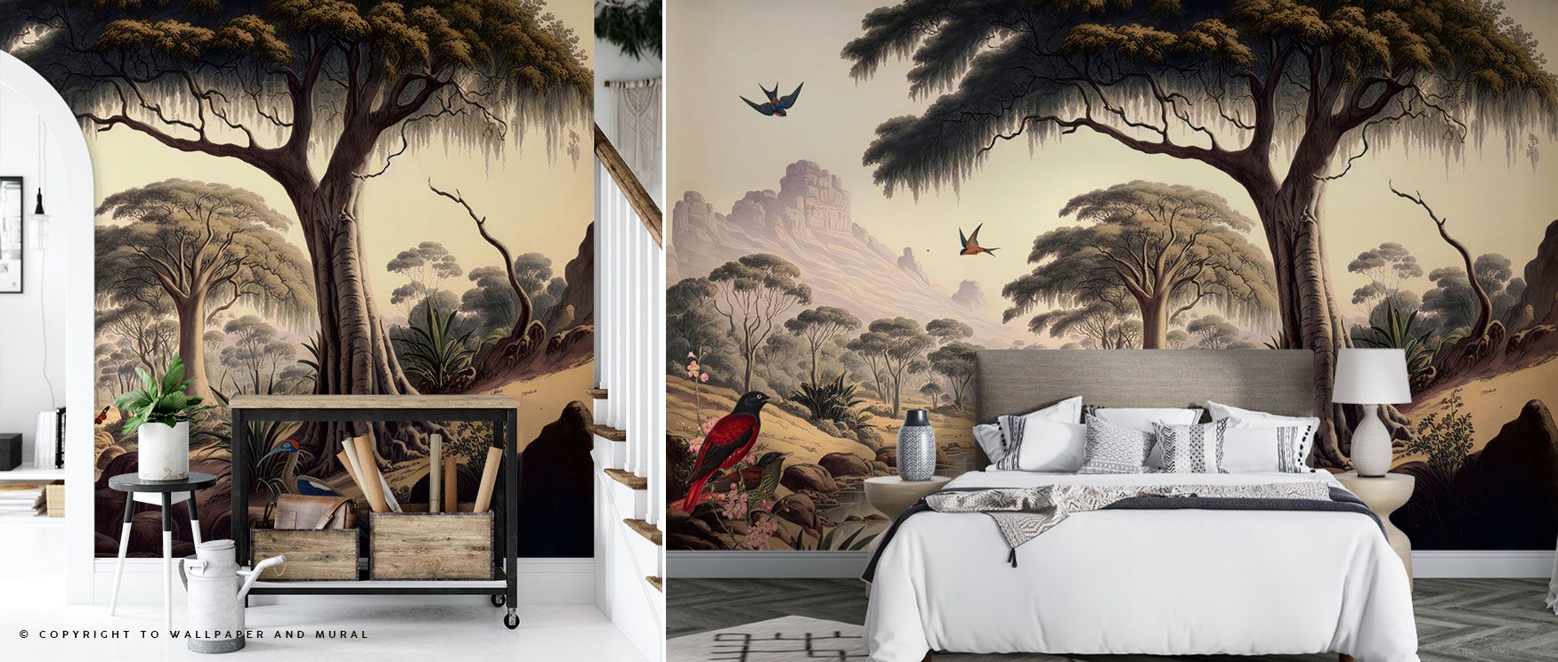The Ancient Valley Wallpaper highlights untouched jungle charm with botanical richness and avian accents, ideal for bedrooms or dining areas. 