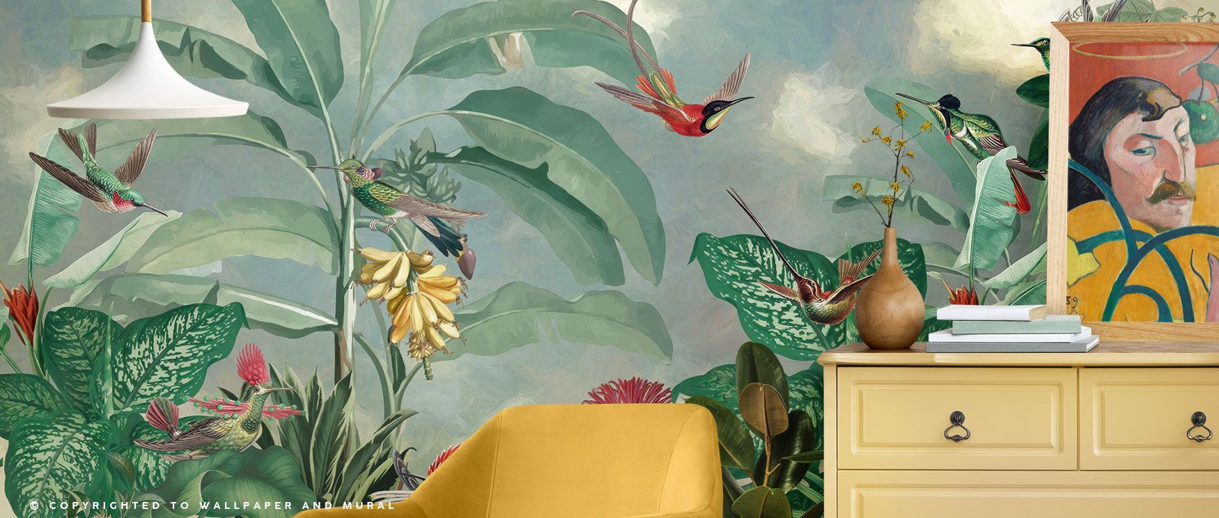 Vibrant green foliage with exotic Birds of Paradise flowers creates a wallpaper that transforms interiors into lush, colorful retreats. 