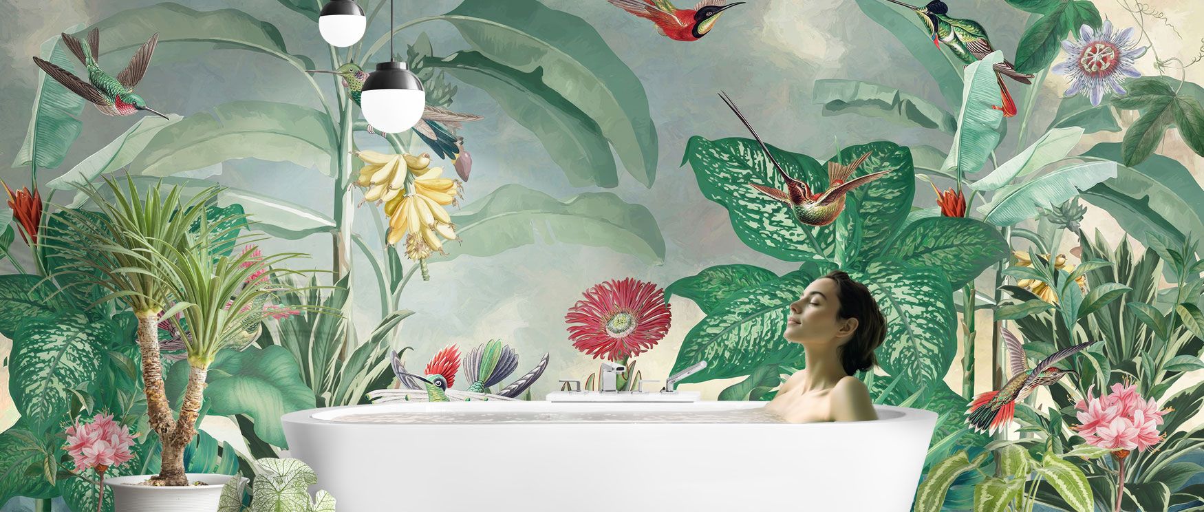 This wallpaper reflects tropical vitality with layered leaves and iconic exotic flowers, perfect for adding energy to bedrooms or lounges. 