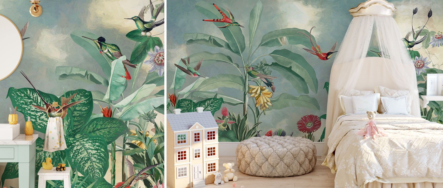 A lively tropical wallpaper filled with dramatic foliage and colorful florals, designed to uplift interiors with exotic natural beauty. 