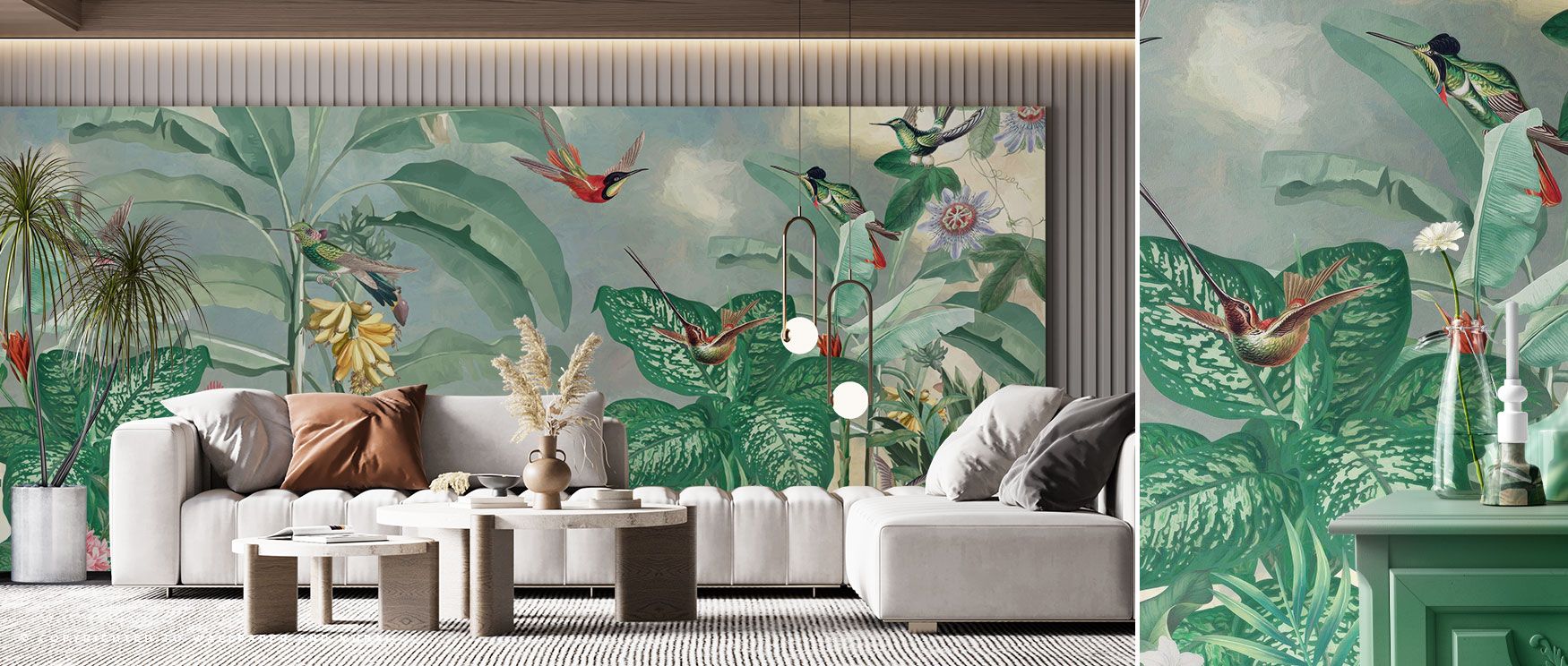 The Birds of Paradise design captures tropical charm through layered greenery and bold floral accents, bringing dynamic energy to interiors. 