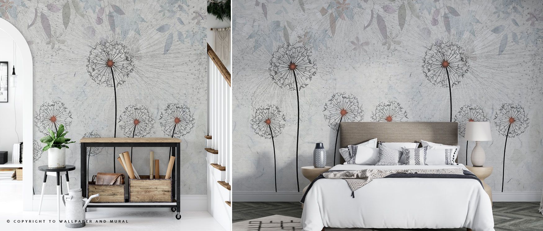 A wallpaper celebrating botanical delicacy, featuring soft dandelion-inspired motifs across gentle grey tones that allow interiors to feel both calming and timelessly stylish, making it a versatile backdrop for many rooms. 