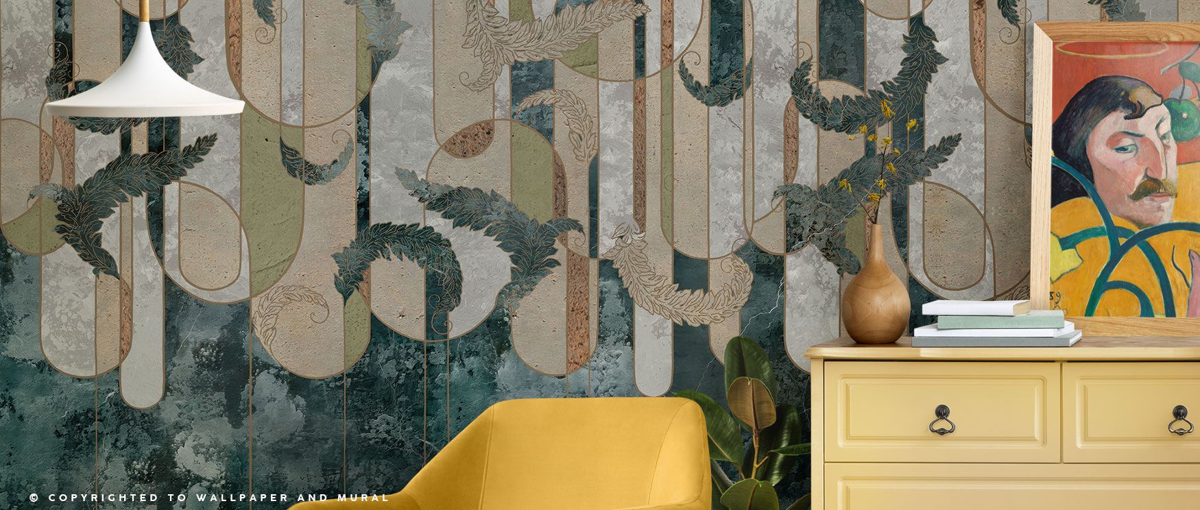 This design layers history and modernity, merging Rococo artistry with bold geometry, while lush green details balance the ornate richness, creating harmony for living spaces. 