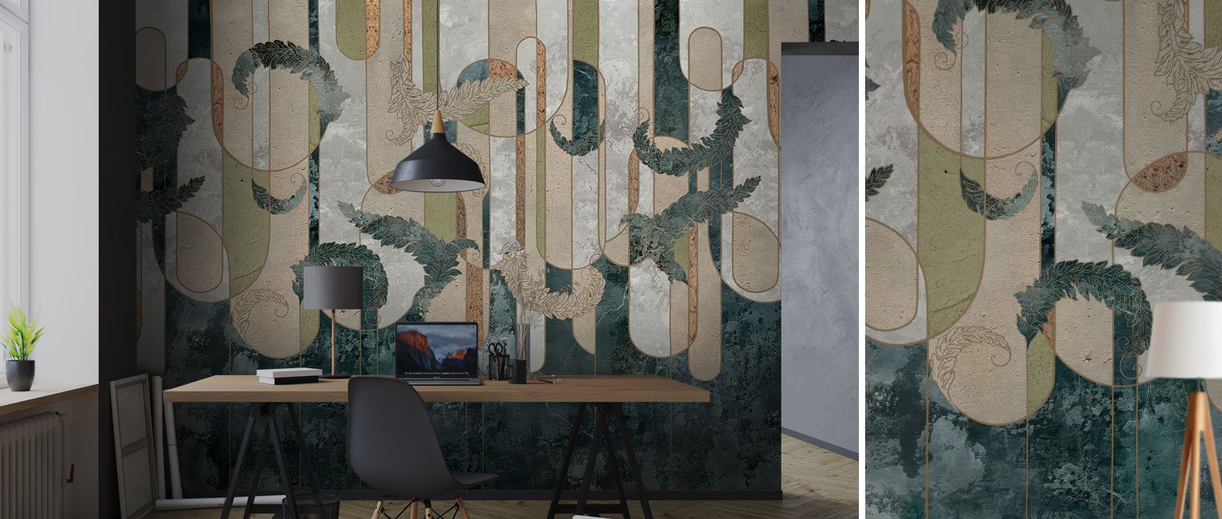 Rococo-inspired elegance blends seamlessly with geometry and greenery in this wallpaper, offering walls depth, character, and timeless artistry.