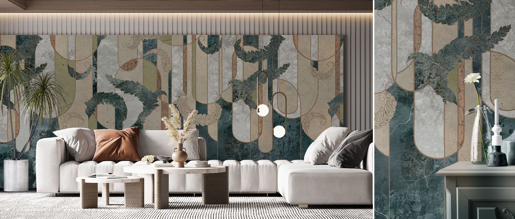 A wallpaper that merges vintage Rococo elegance with geometric sophistication, accented by greenery, creating interiors filled with richness, charm, and artistic narrative. 