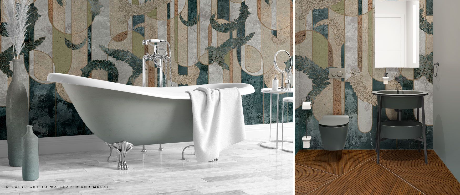 Delicate Rococo-inspired lines combine with crisp geometric shapes to create a wall covering that offers both structure and flourish, enhanced by natural greenery for harmony. 