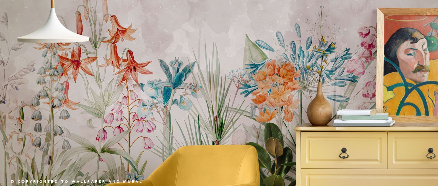A design filled with tropical blossoms and warm orange hues transforms walls into vibrant floral landscapes, perfect for cozy, inviting interiors. 