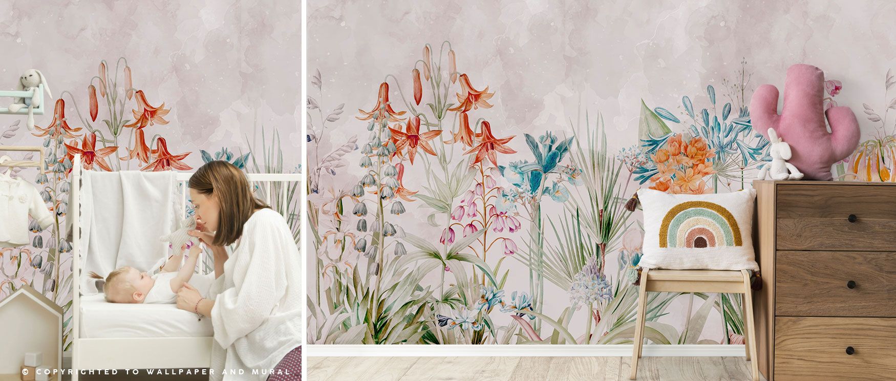 This wallpaper captures the beauty of lush florals, where orange blooms and green foliage create an inspiring and uplifting backdrop for your interiors.