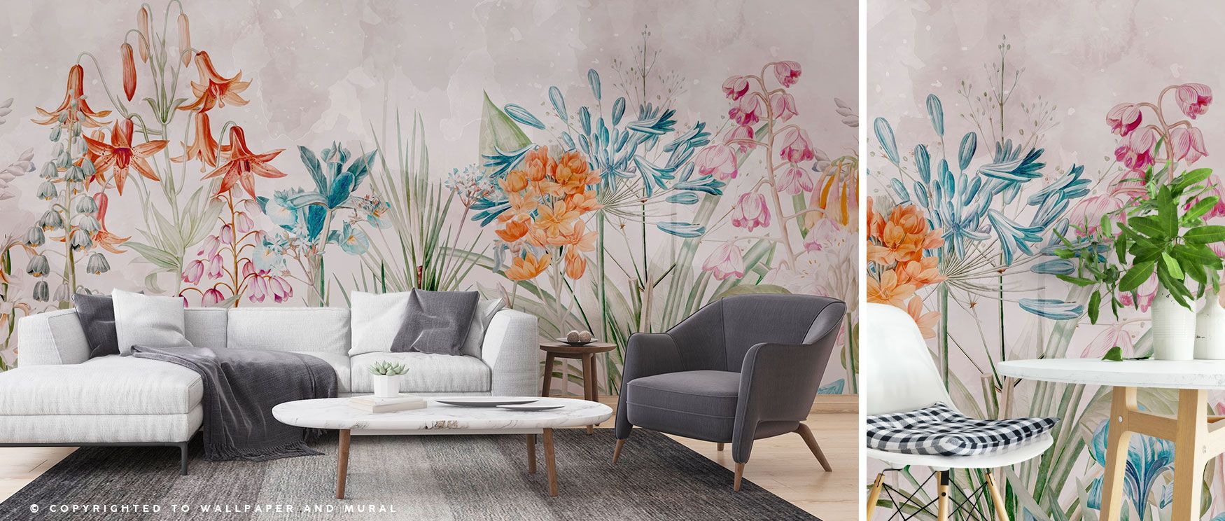 Vibrant orange blossoms dominate this wallpaper design, surrounded by lush tropical greenery that adds richness, life, and color to bedrooms or dining areas. 