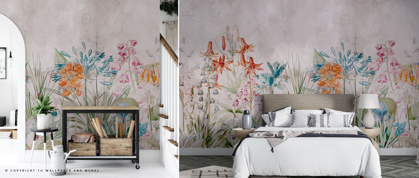 Tropical floral richness in bold orange and lush green shades fills this wallpaper, adding vibrancy and atmosphere that uplifts bedrooms or dining spaces. 