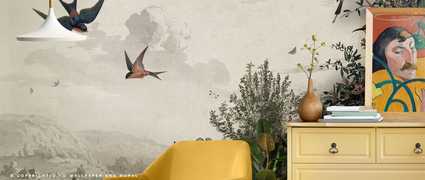 This wallpaper merges rustic natural imagery with delicate bird figures, creating interiors filled with serenity and countryside beauty. 
