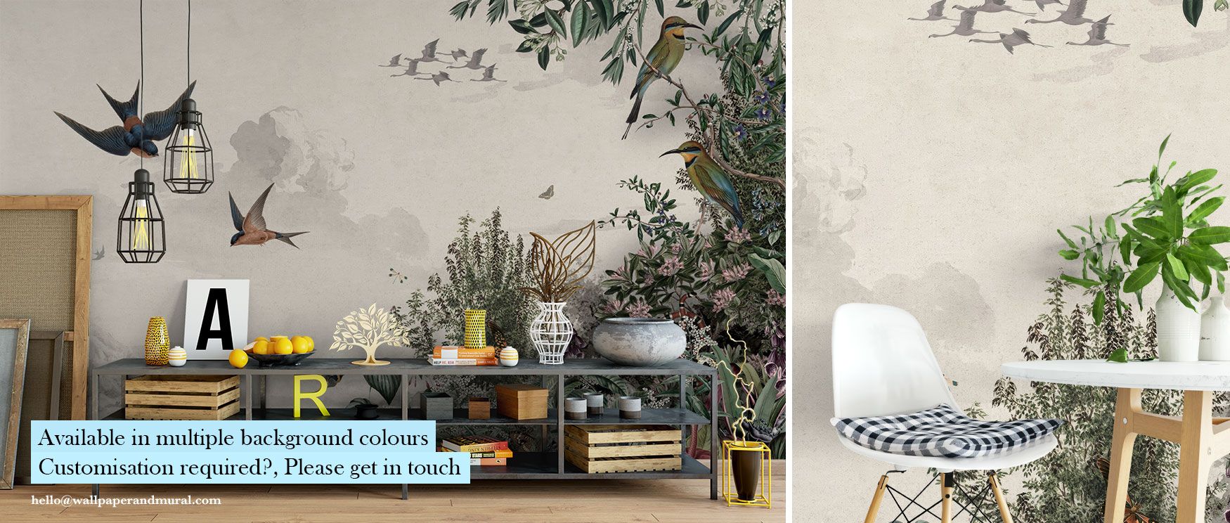 This wallpaper blends illustrated avian motifs with rustic slope scenery, creating a calm design that adds warmth and nostalgia to interiors. 