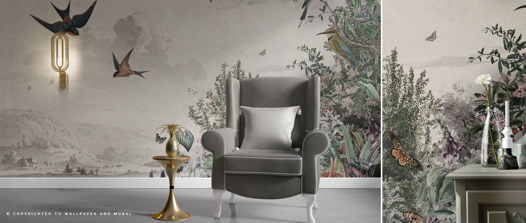 A wallpaper inspired by rustic landscapes, combining forest slope imagery and avian details to create warm, serene home interiors. 