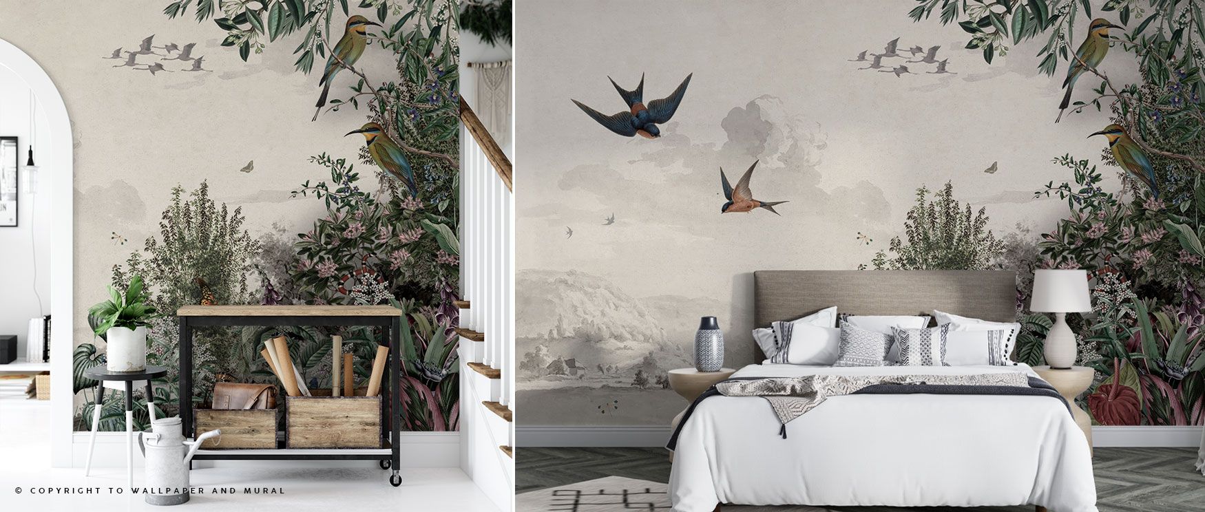 Birds illustrated with vintage artistry fill this wallpaper, resting against forest slopes that capture rustic country calm. 