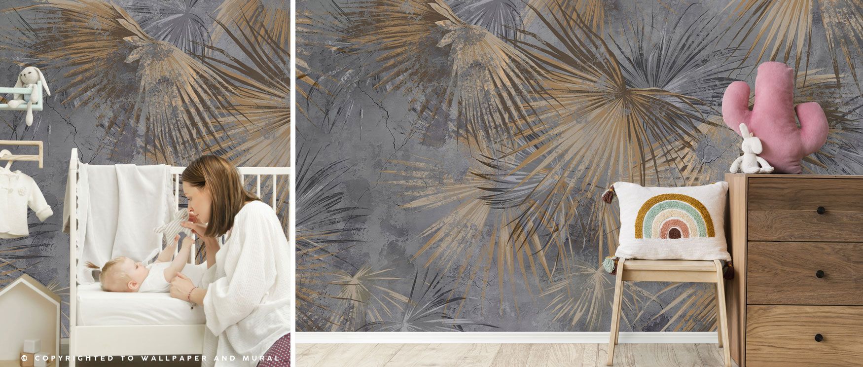The Retro Sunny Palms design highlights stylized palm motifs across neutral grey and sand hues, creating a sophisticated wall covering that blends tropical inspiration with vintage refinement, making interiors both stylish and serene while capturing timel