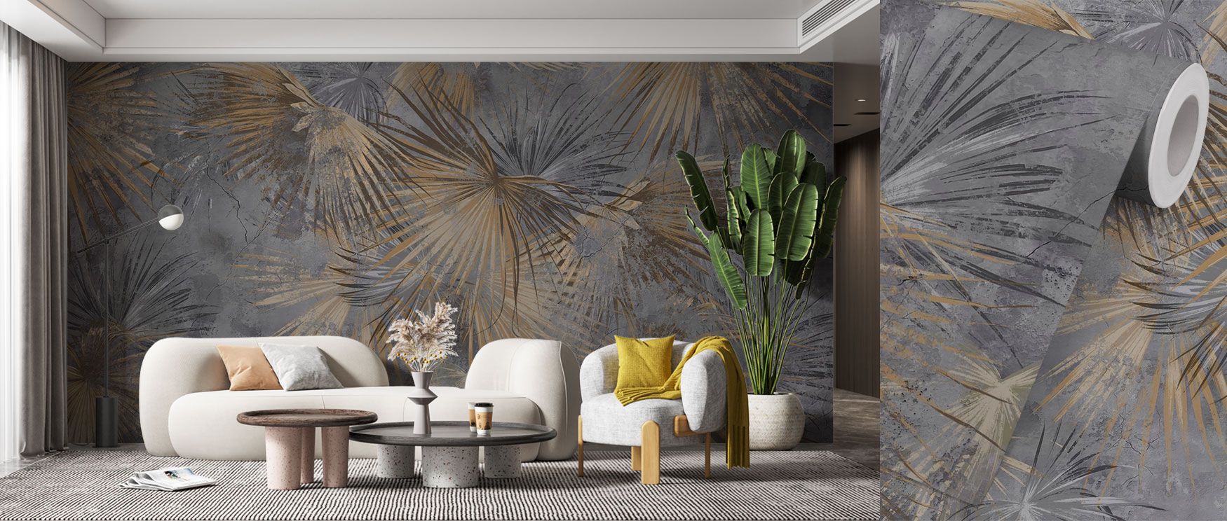 The Retro Sunny Palms design pairs palm silhouettes with muted color tones, capturing a refined take on coastal-inspired décor that enhances interiors with both nostalgia and sophistication, creating walls that radiate balance, charm, and an inviting trop