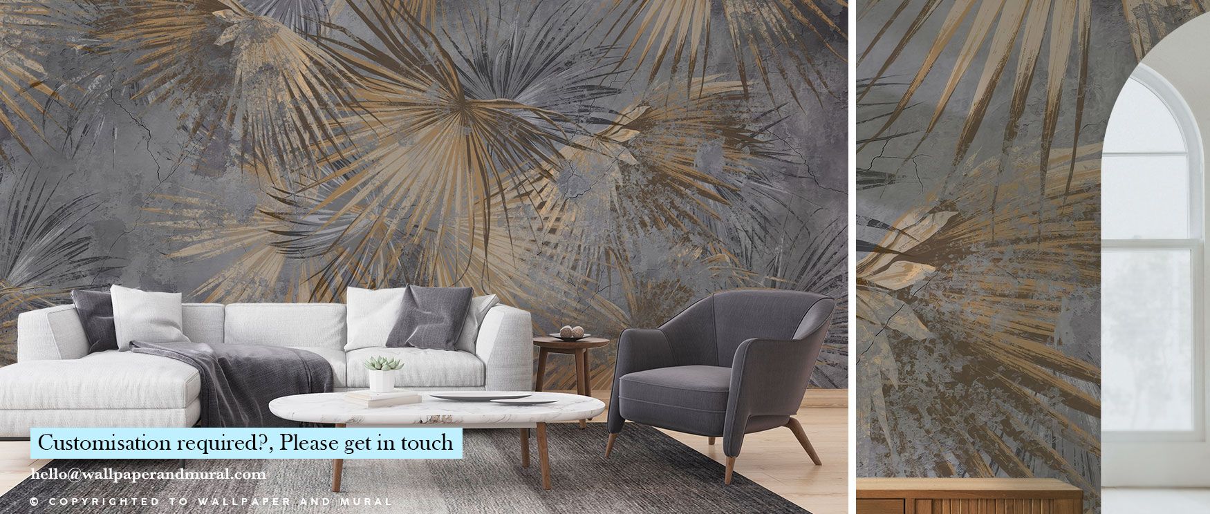 Palm-inspired silhouettes in soft grey and sand hues create interiors filled with warmth and vintage character, turning walls into refined coastal backdrops that celebrate nostalgic tropical style, ideal for bedrooms, living rooms, or sun-drenched interio