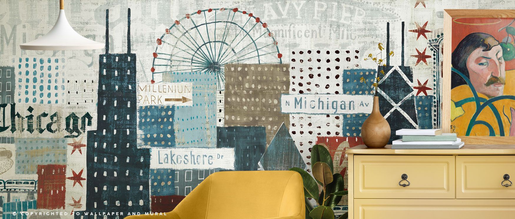 A wallpaper merging iconic skyline details with the cultural rhythm of Chicago, offering interiors bold metropolitan charm that celebrates architecture, movement, and the beauty of city living, making it perfect for stylish homes or creative spaces. 