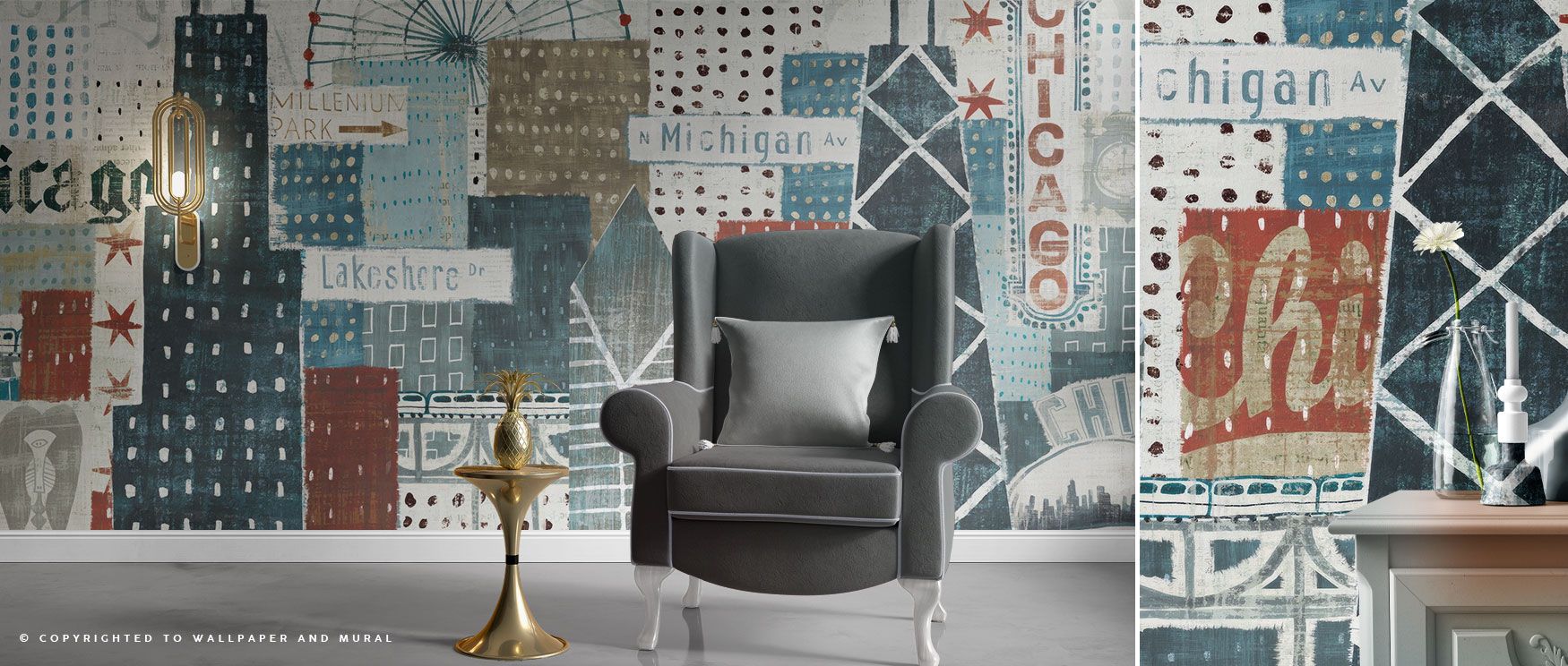 The Hey Chicago design celebrates architectural detail, skyline silhouettes, and city energy in a way that adds movement and style to interiors, making it a versatile wallpaper suited for creative spaces, modern living areas, or bedrooms that embrace cosm