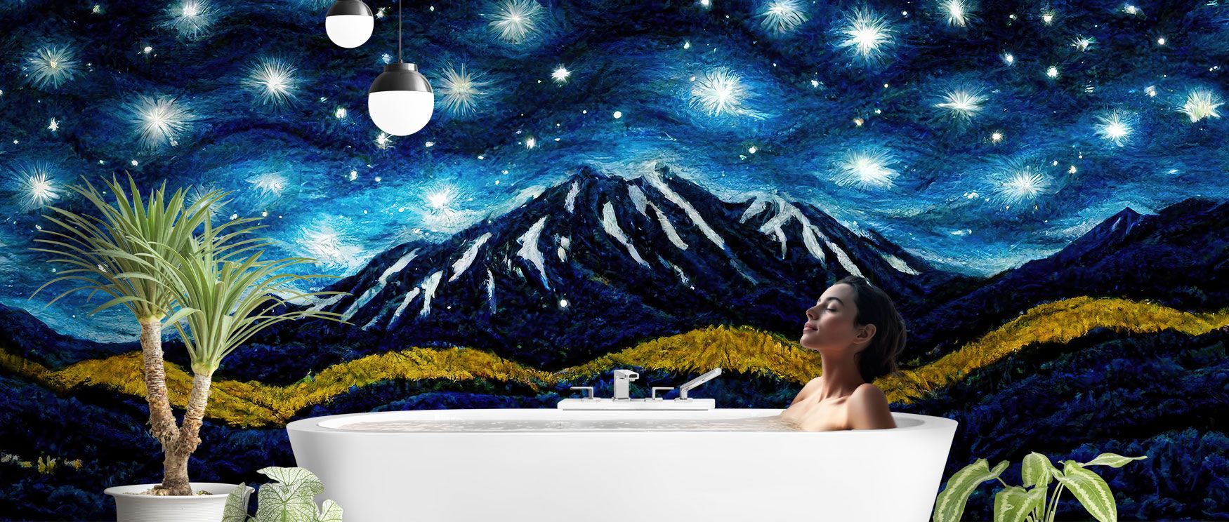 Starry skies and mountain ranges merge seamlessly in this wallpaper, creating walls that inspire both creativity and serenity, filling interiors with cosmic wonder and natural beauty that feels timeless and grounding. 