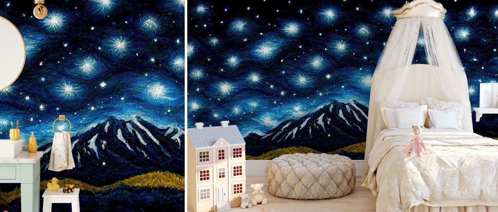 This wallpaper brings cosmic elegance into interiors with its blend of starry skies and grounded mountains, creating spaces that reflect beauty, balance, and serenity, perfect for bedrooms or lounge areas where peace is valued. 