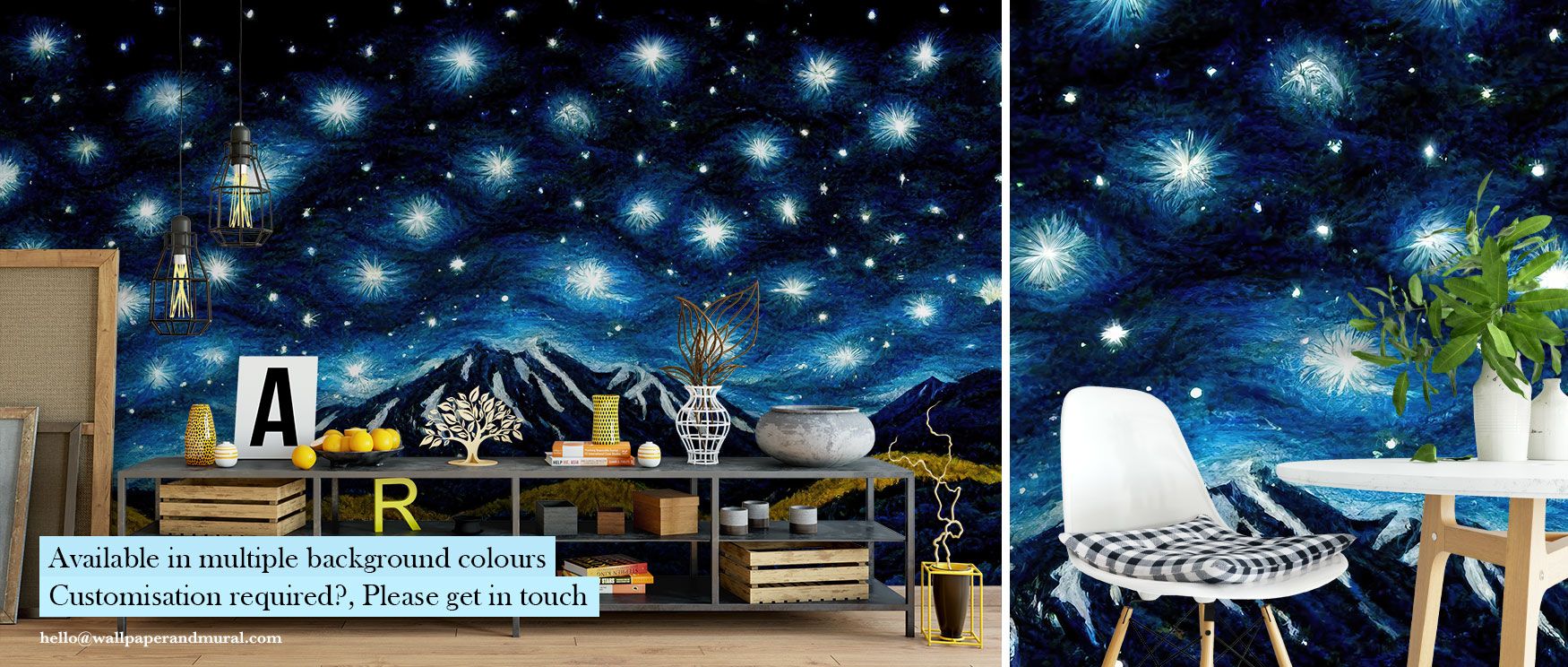 Star-filled skies sweep across towering mountain ranges in this wallpaper, creating walls that bring cosmic inspiration and grounding calmness into interiors, offering an atmosphere of tranquility and creativity for bedrooms, lounges, or studies that embr