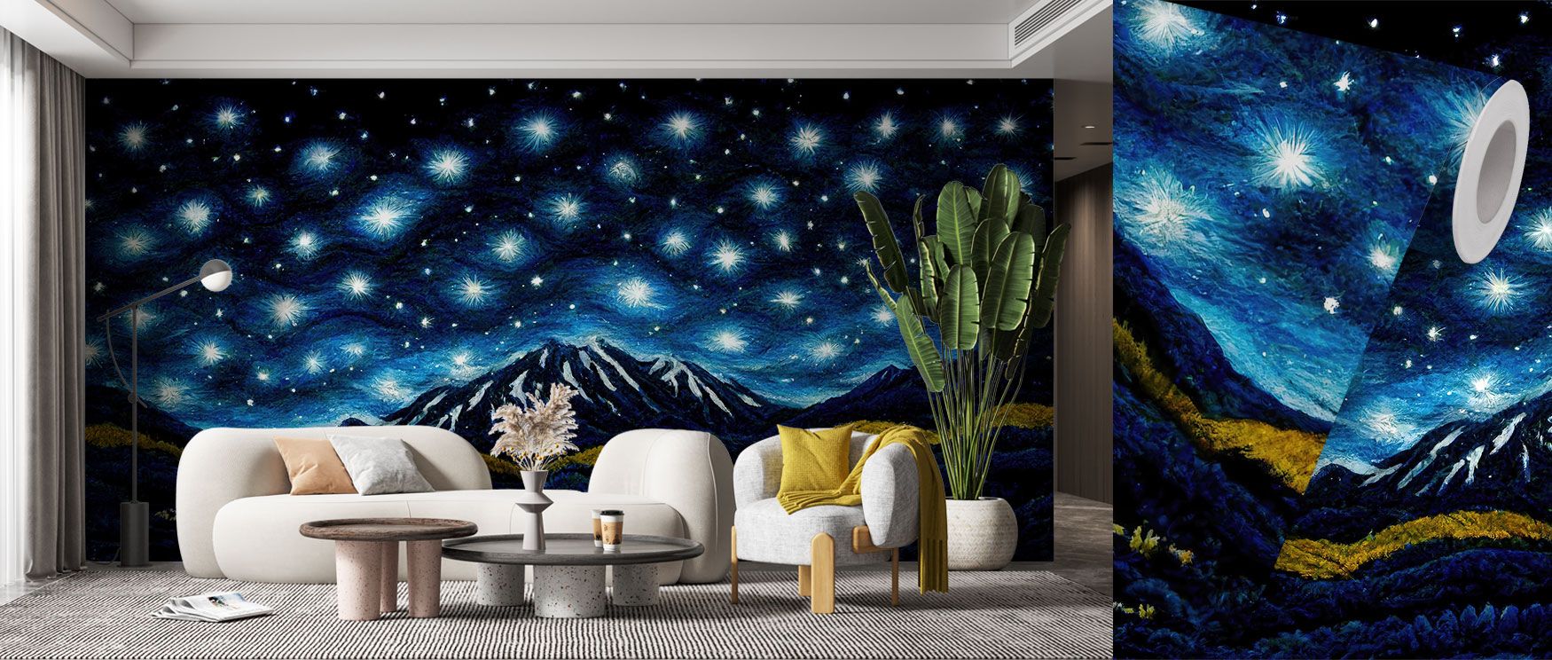 A design inspired by starry skies and mountain forms, this wallpaper captures the grandeur of the cosmos alongside the quiet strength of earth, transforming interiors into calm sanctuaries that uplift the imagination and soothe the spirit. 