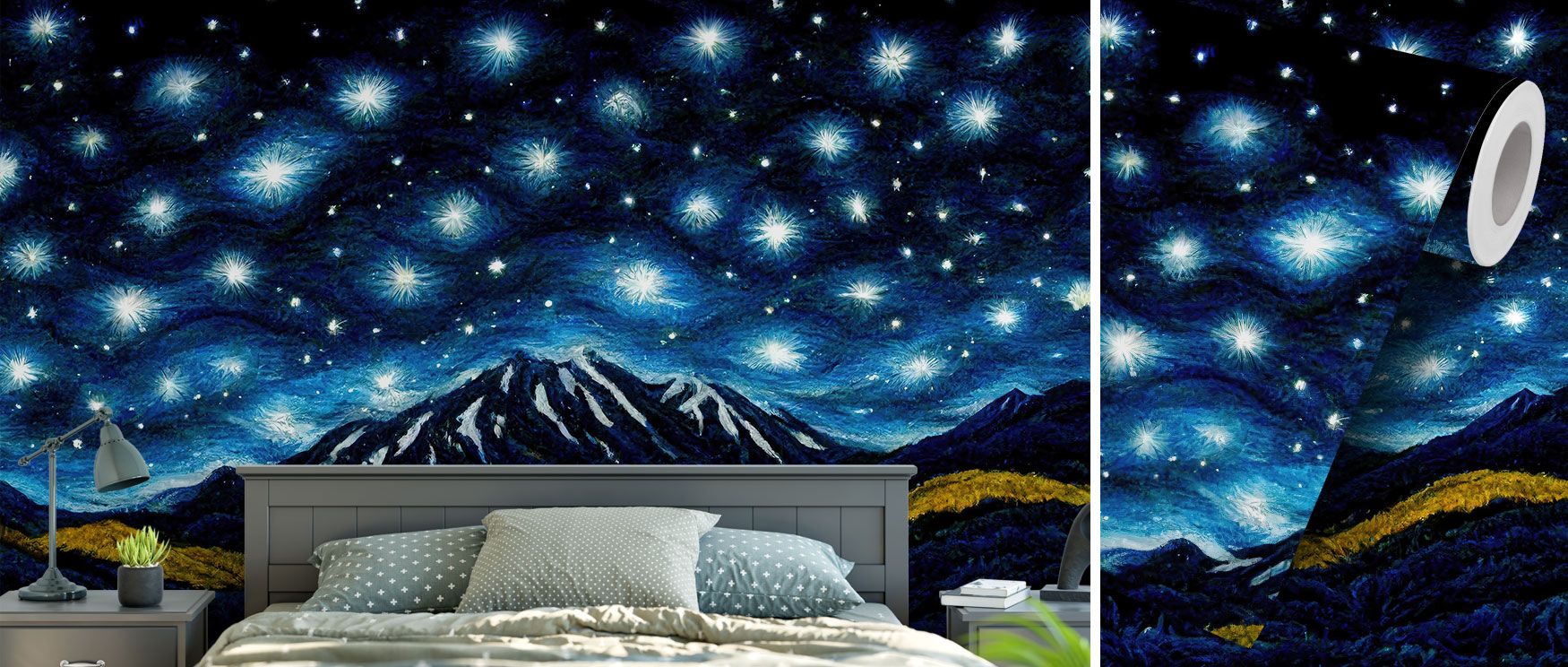 This wallpaper merges cosmic and terrestrial landscapes, combining mountain tranquility with celestial expanse, offering interiors a dreamy, reflective ambiance suited for restful bedrooms, yoga spaces, or creative living environments where balance is des