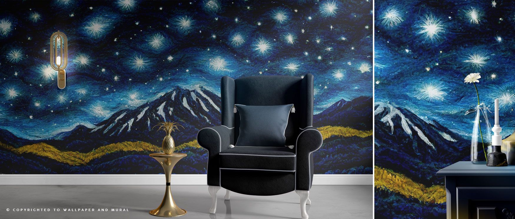 Constellations scatter across deep skies above serene mountain silhouettes, creating a wallpaper that radiates peace, beauty, and reflection, making it perfect for interiors that aim to inspire both creativity and calm. 