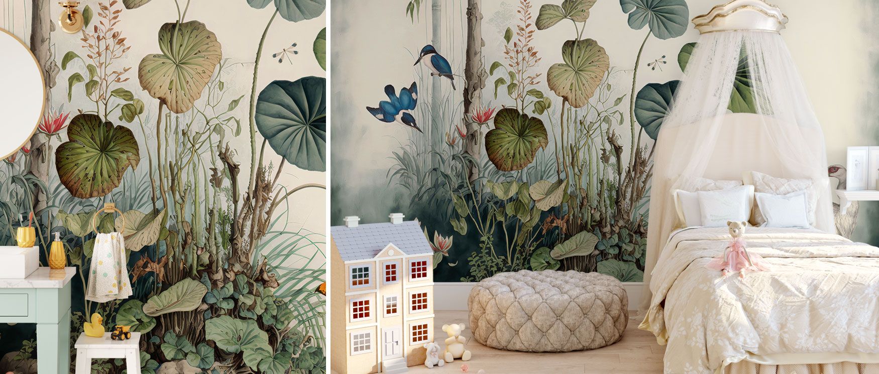 Birds and tropical foliage merge into a detailed wallpaper design that captures the richness of jungle life, offering interiors freshness, vibrancy, and immersive charm, turning walls into lively and lush backdrops filled with tropical inspiration.
