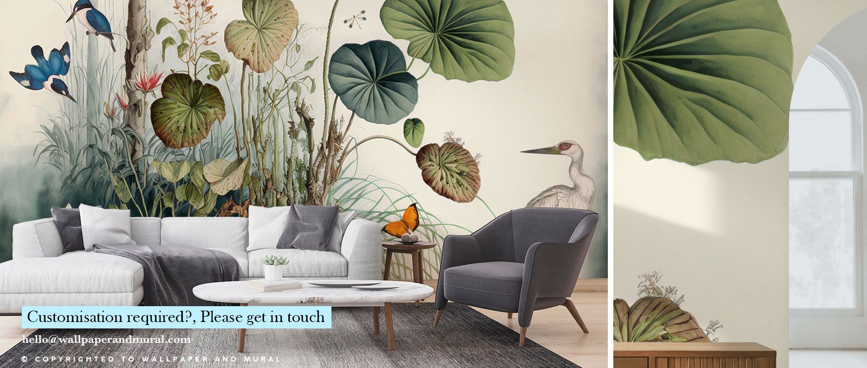A wallpaper that immerses interiors in tropical beauty, layering avian details and dense green foliage to create natural sanctuaries filled with freshness, charm, and botanical inspiration suited for dining or lounge areas. 