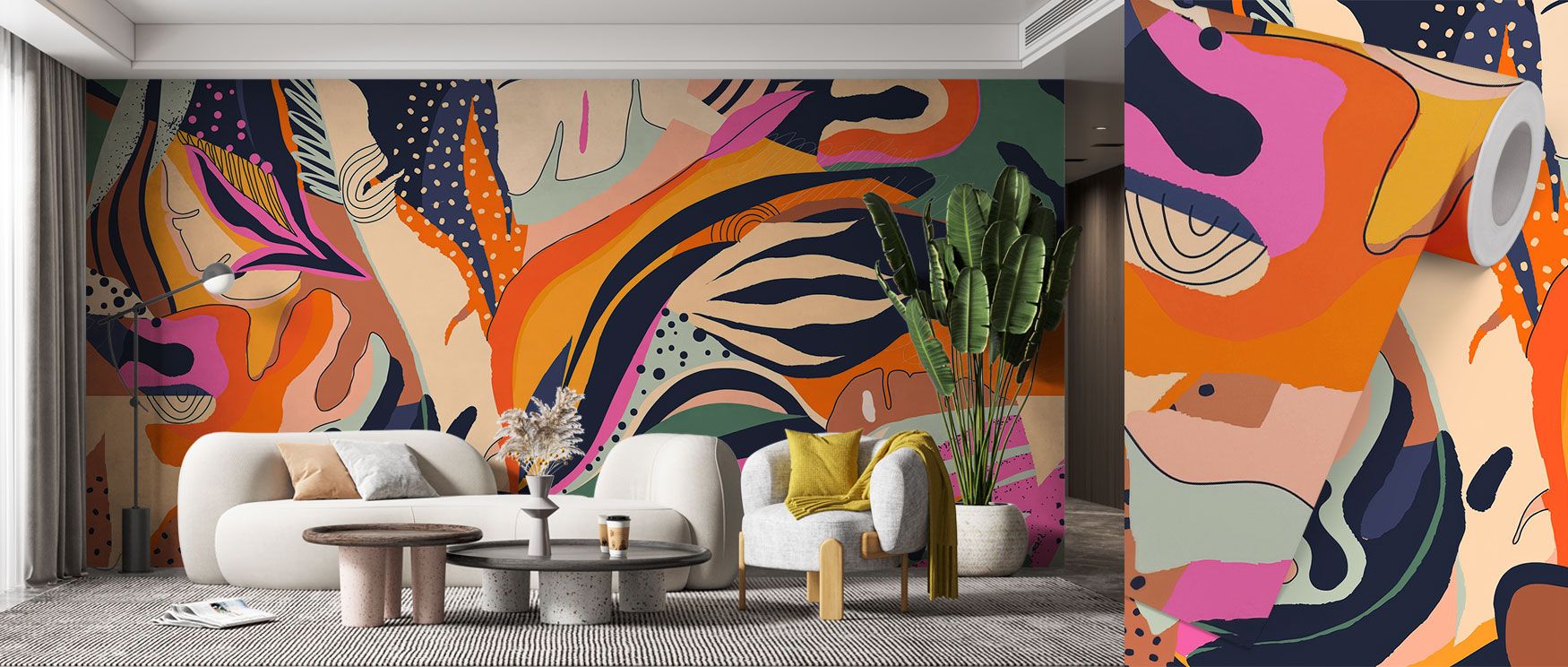 Desert-inspired patterns and vivid tones enrich this wallpaper with resilience and beauty, turning walls into bold canvases of natural energy and warmth, suitable for modern interiors that celebrate color and artistry. 