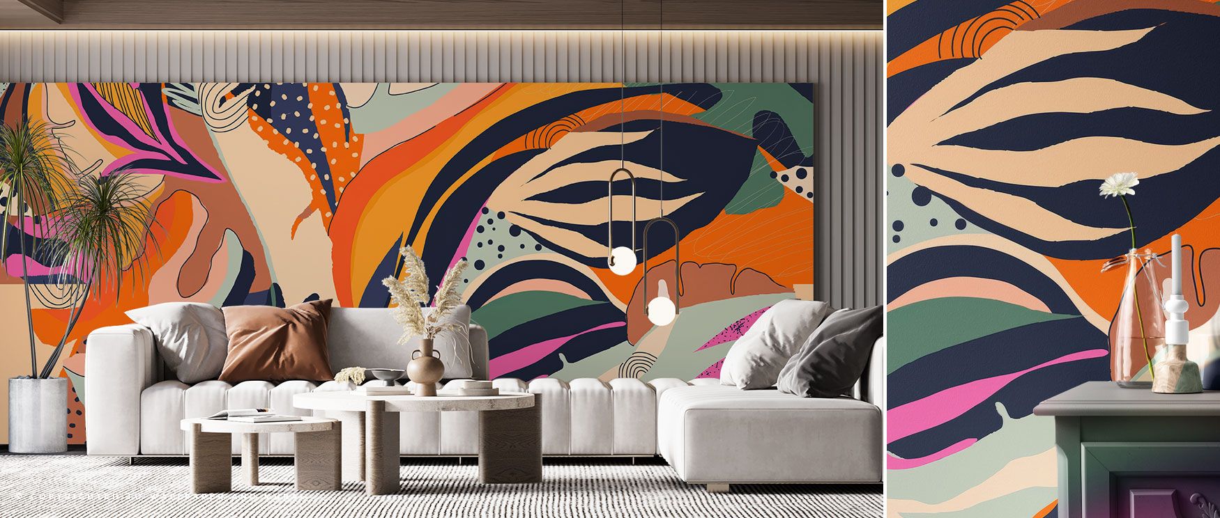 The wallpaper merges desert tones and intricate patterns inspired by mesquite landscapes, creating interiors filled with optimism and expressive vitality, perfect for homes that seek creative, bold, and colorful design. 