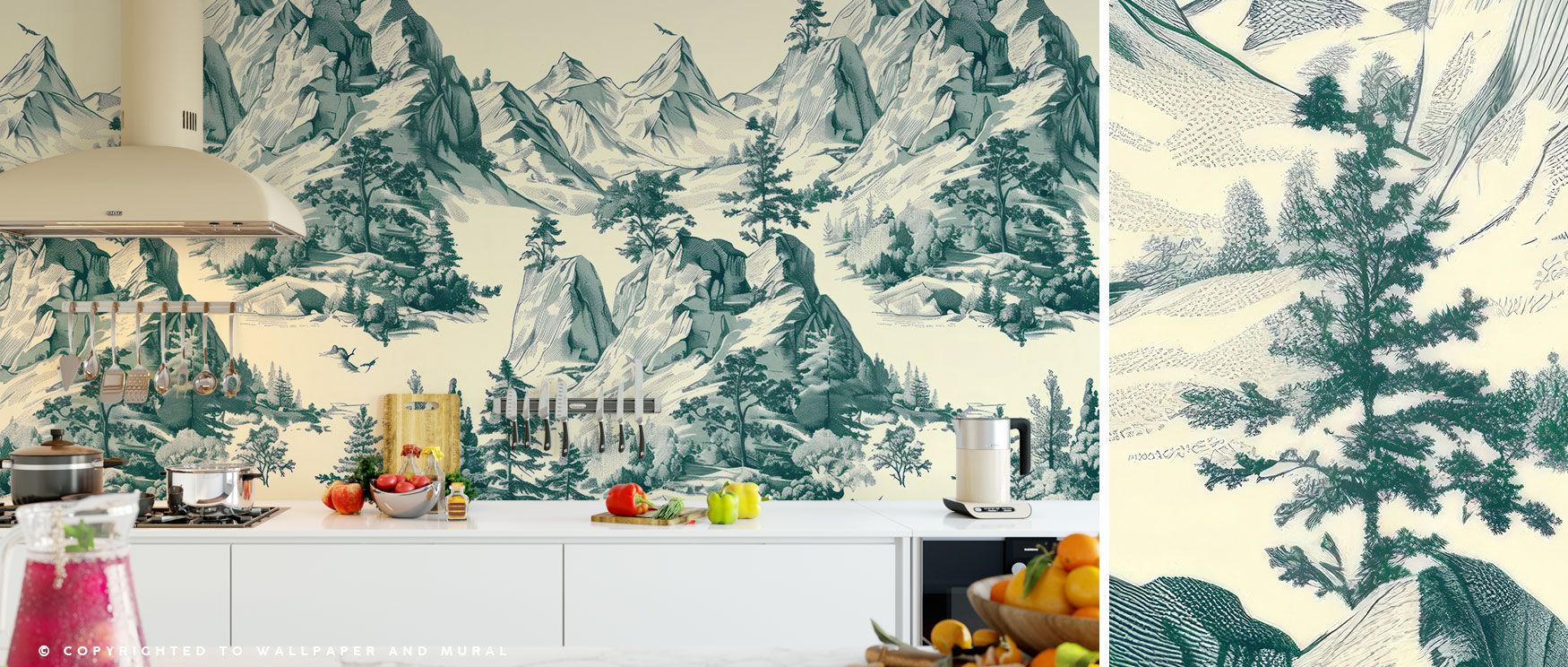 Toile Hills Wallpaper captures distant mountains in stylized detail, recalling the elegance of vintage scenic prints. The bottle green palette adds depth and grounding calm, perfect for bedrooms or living rooms. Its tranquil rhythm makes it versatile for 