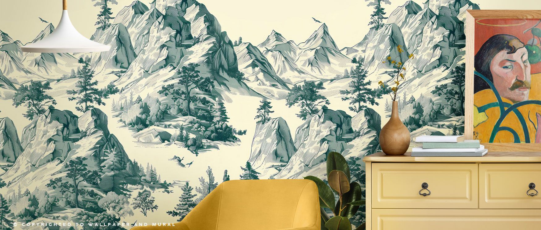 With stylized mountains shaded in green, the Toile Hills Wallpaper creates a backdrop of elegance and calm. Its vintage toile influence adds refinement, perfect for dining rooms or studies. The design offers timeless decorative rhythm, grounding interiors