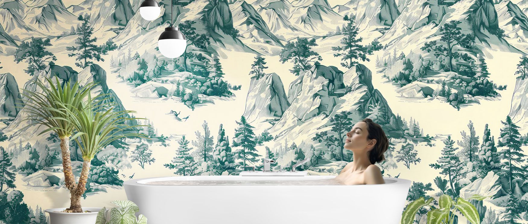 The Toile Hills Wallpaper portrays sweeping mountain landscapes shaded in bottle green. This timeless design enriches interiors with grounding calm and classic charm, ideal for bedrooms, living spaces, or serene studies. Its natural imagery brings peace a