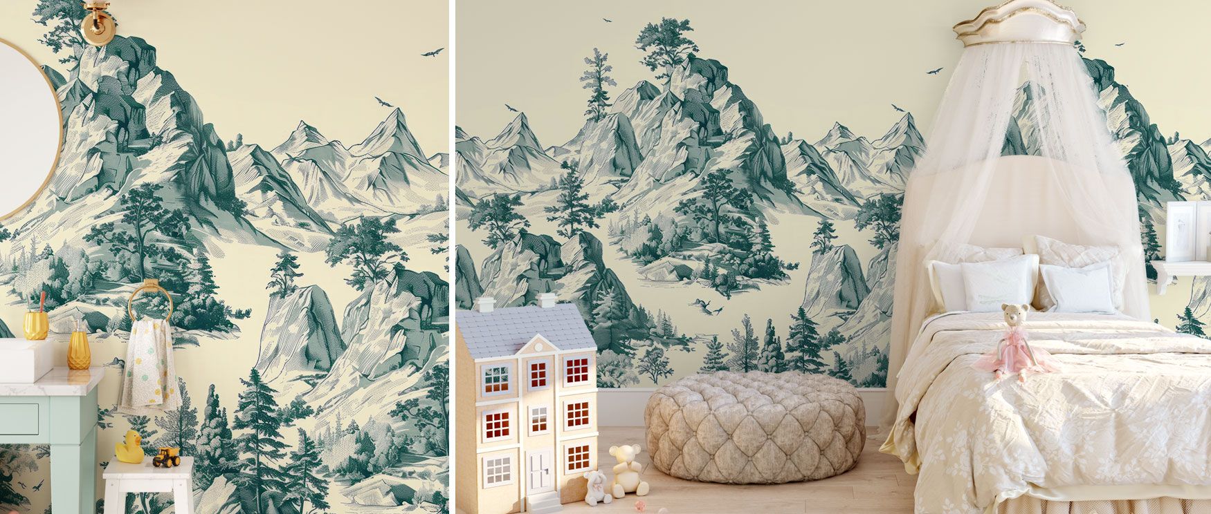 In this wallpaper, stylized mountains appear in green tones that evoke timeless elegance. The Toile Hills Wallpaper grounds interiors with serenity, making it perfect for restful bedrooms or rustic-inspired dining rooms. Its classic artistry enriches wall