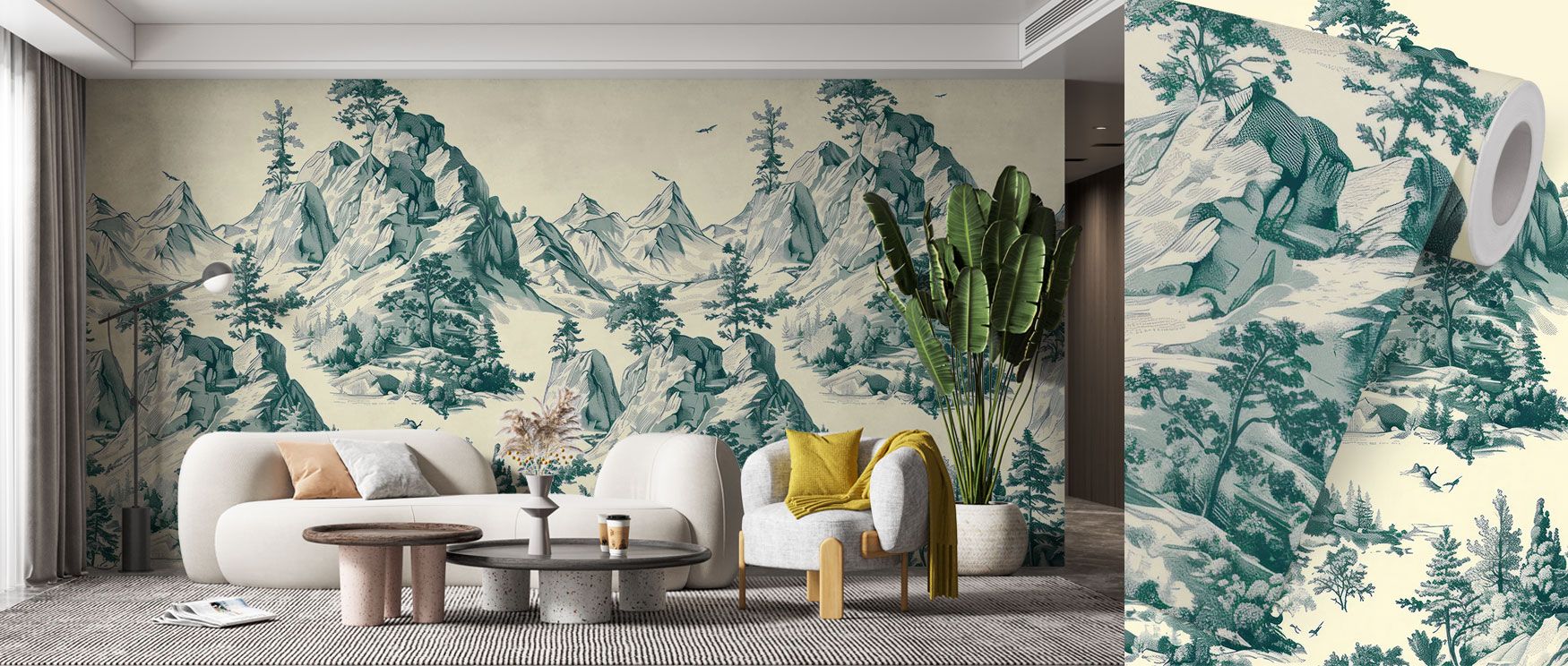 The Toile Hills Wallpaper presents stylized green mountains that stretch in graceful rhythm, creating an interior landscape filled with calm. Its vintage artistry captures the refinement of classic toile, making it ideal for studies or living rooms. The b