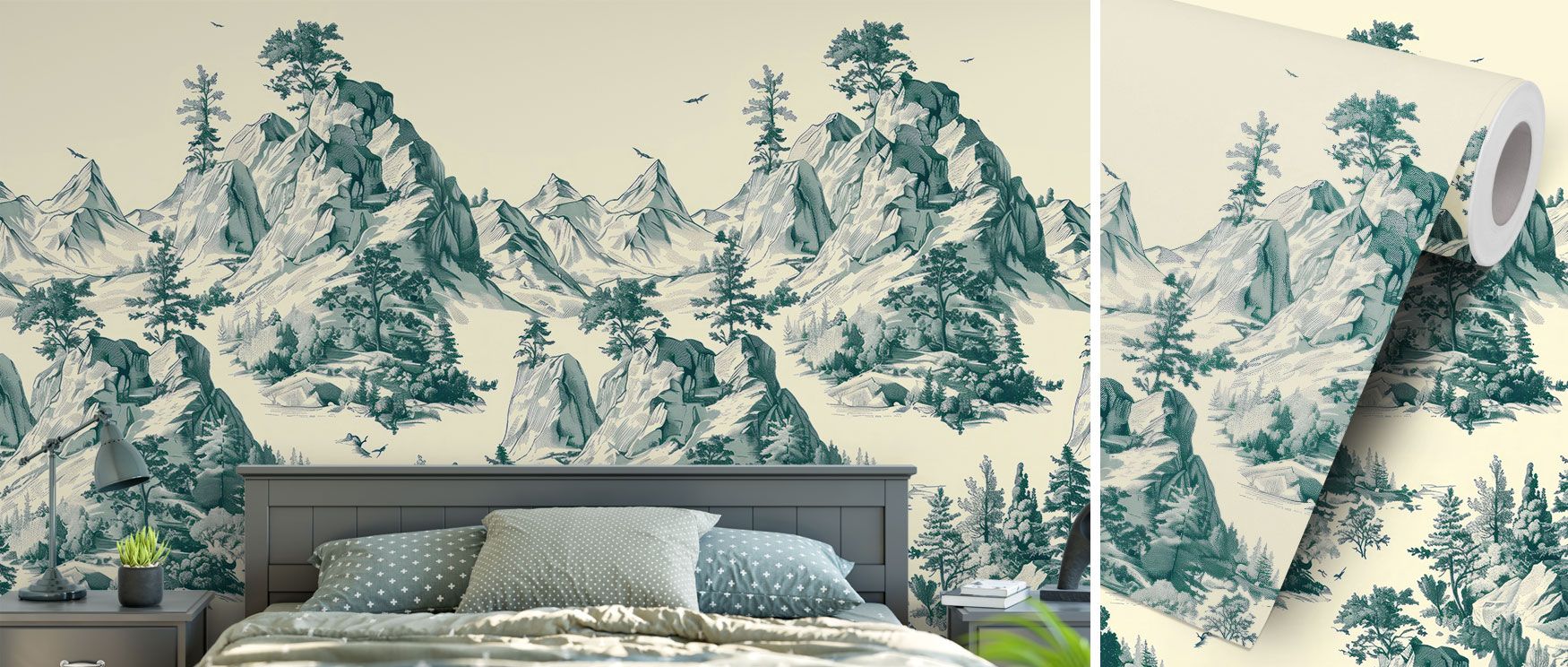Vintage scenic beauty comes alive in the Toile Hills Wallpaper, where mountains rise in bottle green tones. The composition evokes calm and elegance, offering a refined backdrop for dining rooms, living areas, or bedrooms. Its classic toile influence ensu