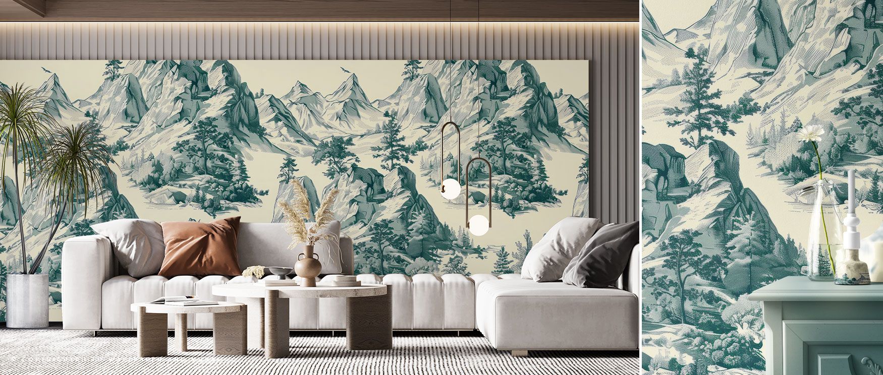 In the Toile Hills Wallpaper, mountains appear in stylized contours shaded in bottle green, creating interiors that reflect natural serenity. The design radiates timeless calm, making it suitable for bedrooms, dining rooms, or contemplative reading nooks.