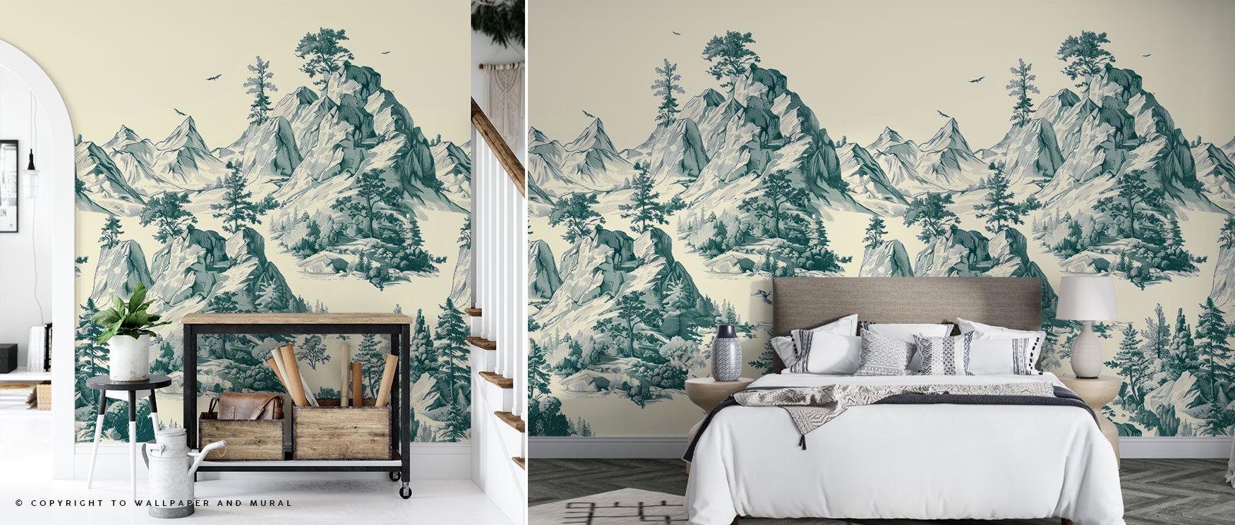 Mountains shaded in rich bottle green tones define the Toile Hills Wallpaper, offering interiors calm energy. Inspired by traditional toile, the design brings serenity to bedrooms or studies, creating restful sanctuaries. Its vintage refinement enhances s