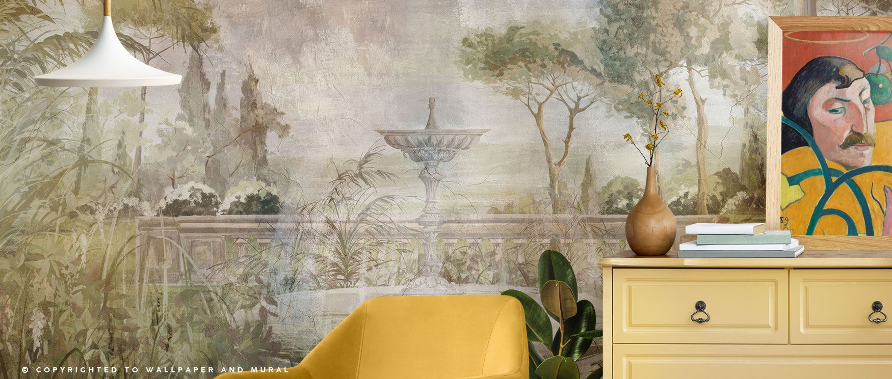 In The Lost Garden Wallpaper, greenery and flowers frame a fountain with quiet elegance. The composition radiates calm, perfect for studies or bedrooms. Its vintage artistry captures timeless balance, grounding interiors in both peace and beauty. 