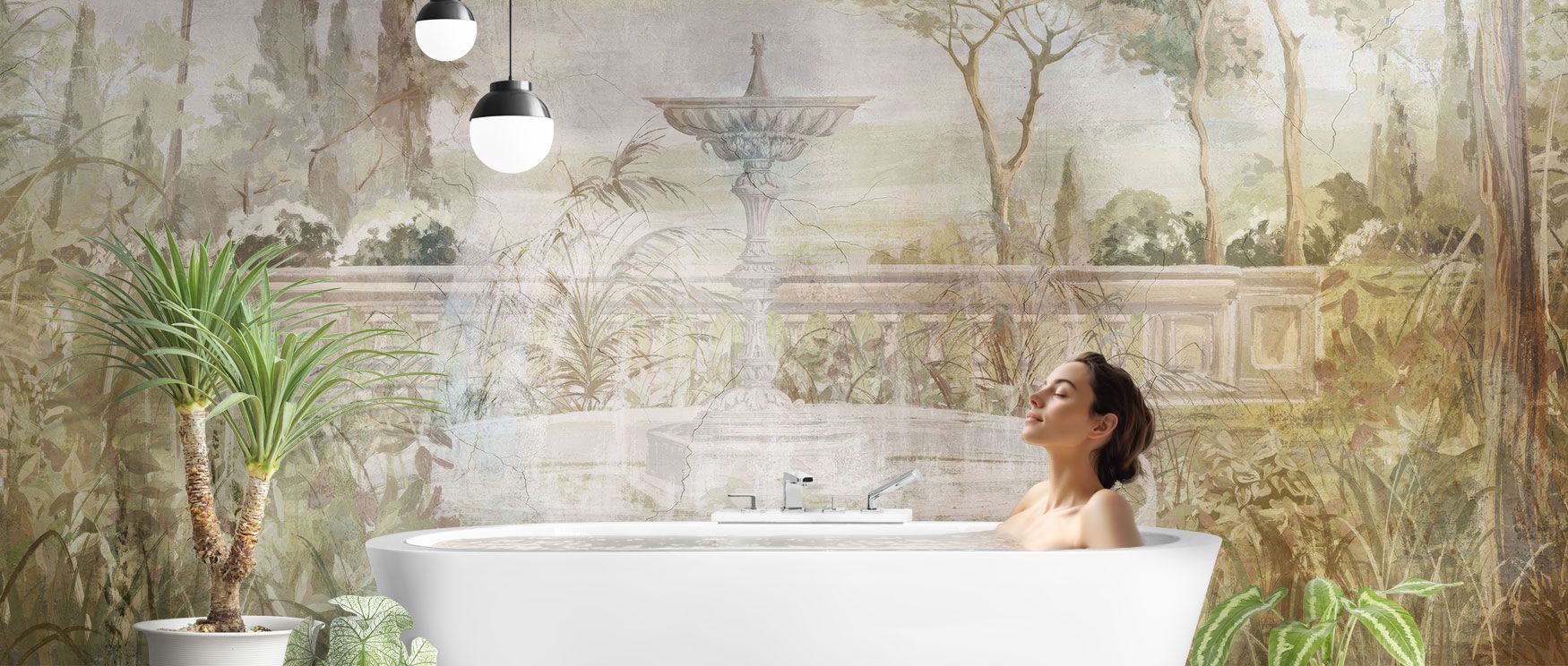 The Lost Garden Wallpaper creates interiors of charm and tranquility, depicting a fountain embraced by foliage and blossoms. Its refined palette brings serenity, perfect for bedrooms or dining spaces. The design enriches interiors with calm natural grace.
