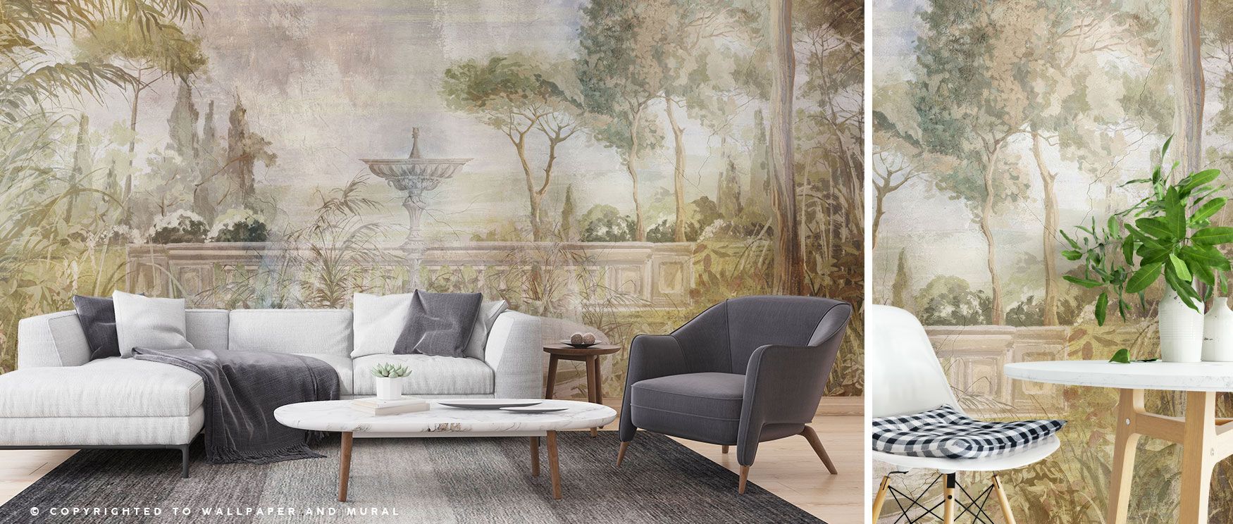 A hidden garden scene unfolds in The Lost Garden Wallpaper, with foliage and flowers encircling a fountain. The design evokes peace and discovery, perfect for bedrooms, studies, or contemplative dining spaces. Its timeless charm adds elegance while ground