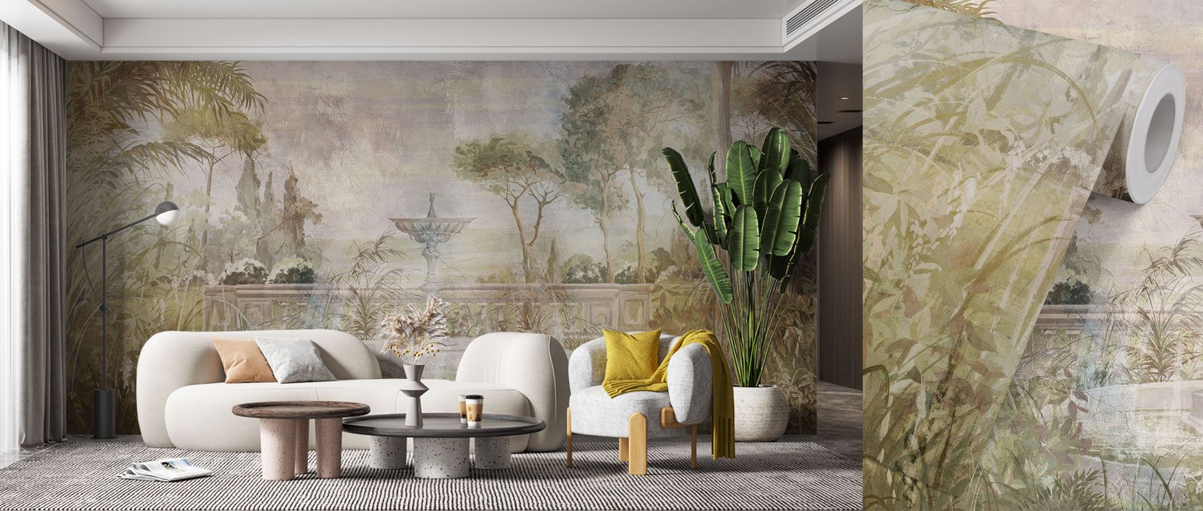 A vintage fountain framed by greenery defines The Lost Garden Wallpaper. Blossoms soften the scene, enriching interiors with serenity. Perfect for bedrooms or living rooms, the design radiates elegance and calm, creating restful retreats grounded in natur